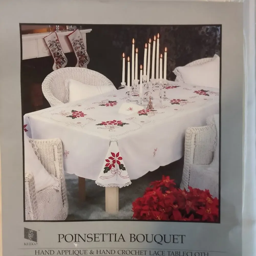 Vintage NWT Christmas Hand Embroidered Tablecloth and 12 Napkins Never Used